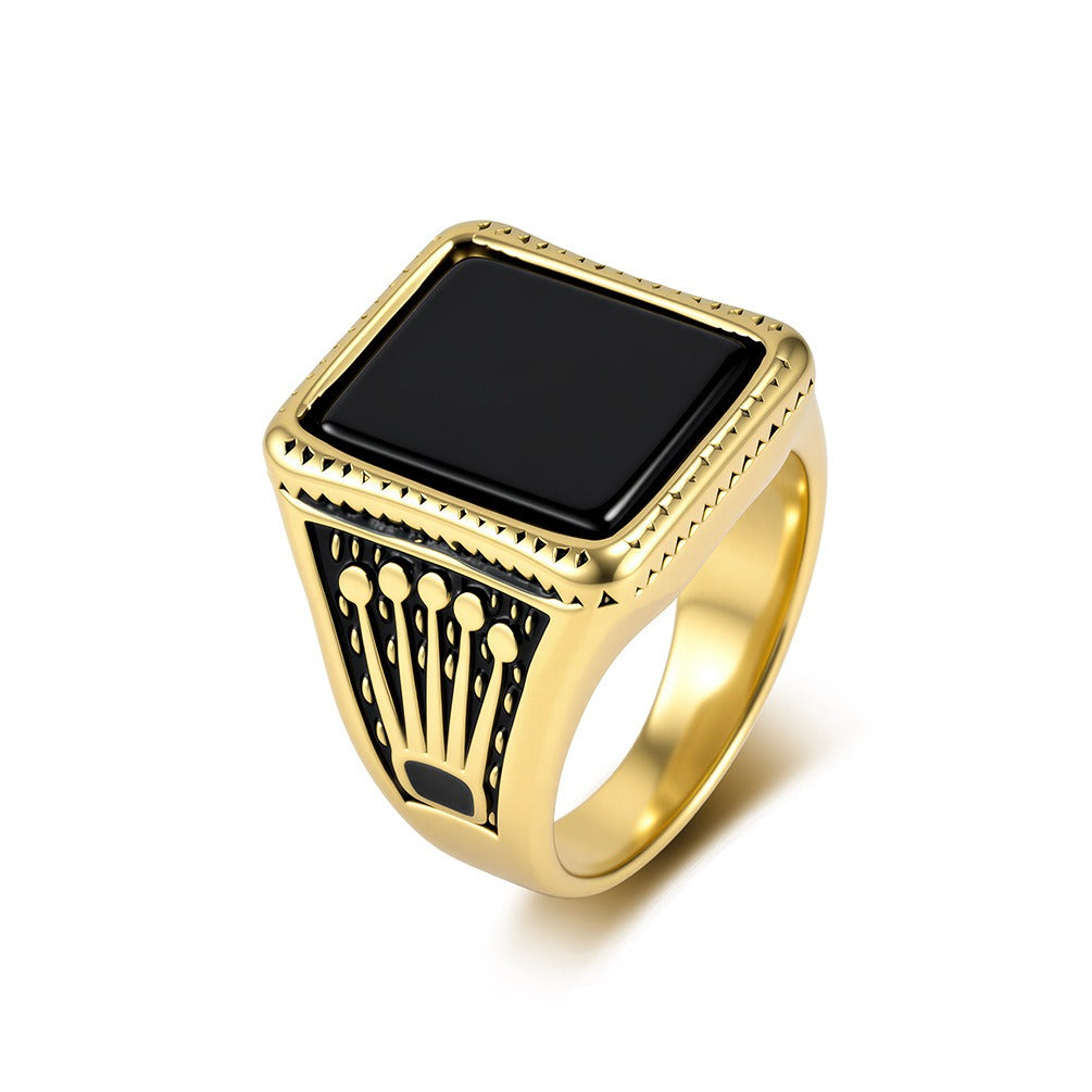 Kemstone Square Black Stone Signet Ring for Men Stainless Steel Vintage Crown Detail K-R1213