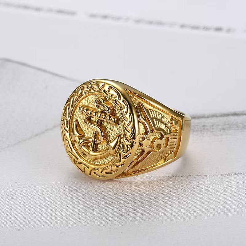 Kemstone Anchor Signet Ring for Men Stainless Steel Gold Plated Vintage Nautical TR0469