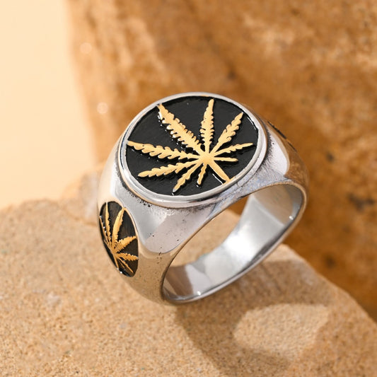 Kemstone Men’s Stainless Steel Botanical Leaf Ring – Vintage Punk Street Style Band TR0521