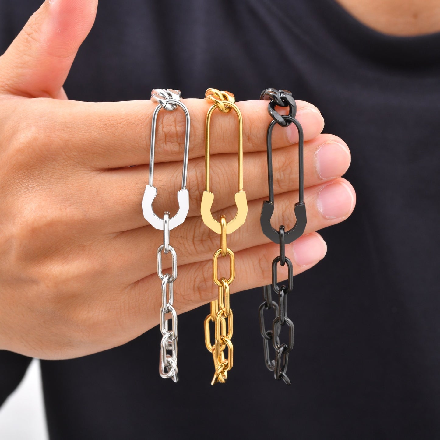 Kemstone Safety Pin Chain Bracelet for Men Stainless Steel Punk Streetwear BR-1068