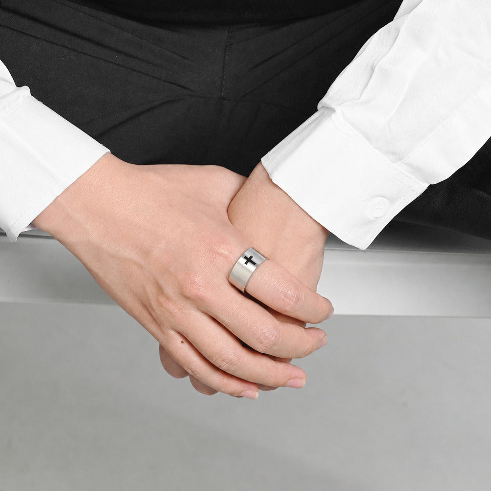 Kemstone Matte Cross Ring for Men Stainless Steel 10MM Wide Band Vintage K-R1209