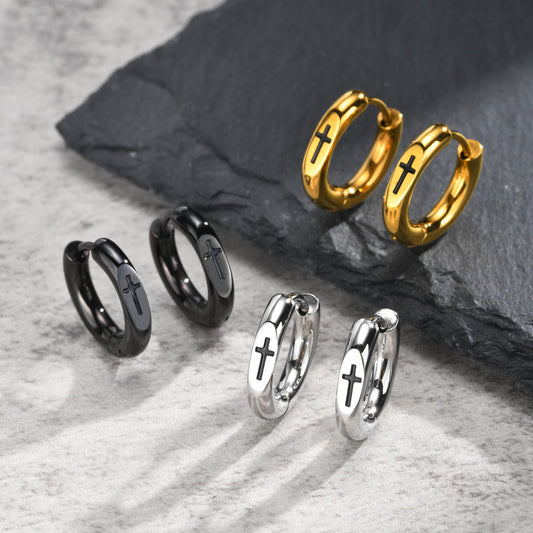 Kemstone Cross Hoop Earrings for Men Stainless Steel EH-870