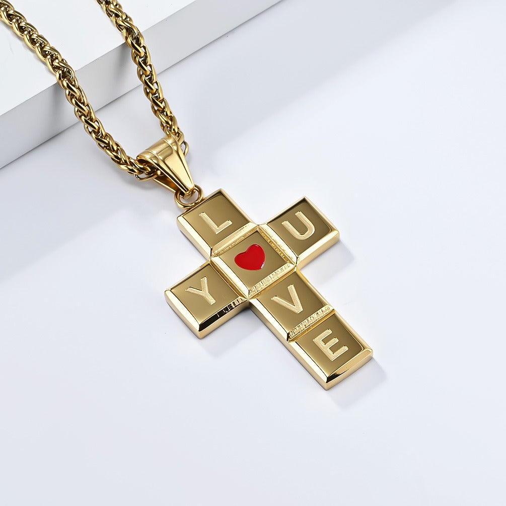 Kemstone Love Heart Cross Pendant Necklace for Men Stainless Steel K-PT554