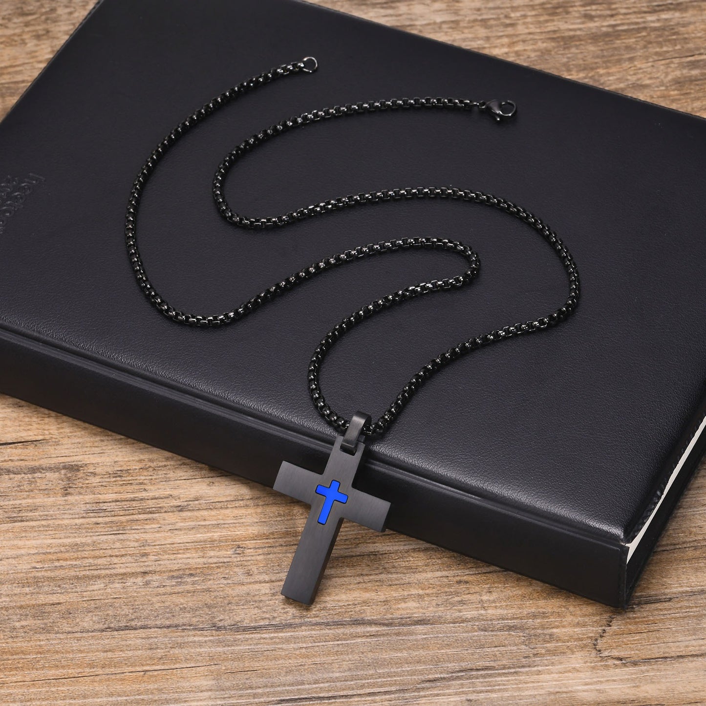 Kemstone Stainless Steel Black Cross Pendant Necklace for Men Blue Accent Detail PN-1916