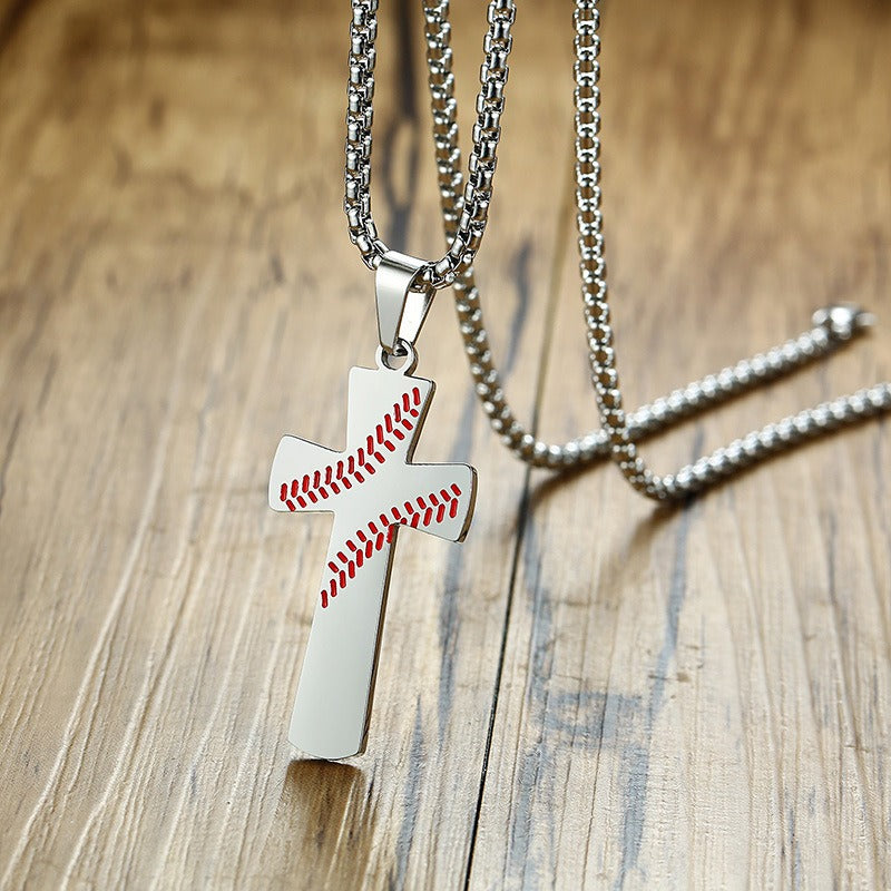 Kemstone Stainless Steel Baseball Cross Pendant Necklace for Men Stitch Detail PN-1083