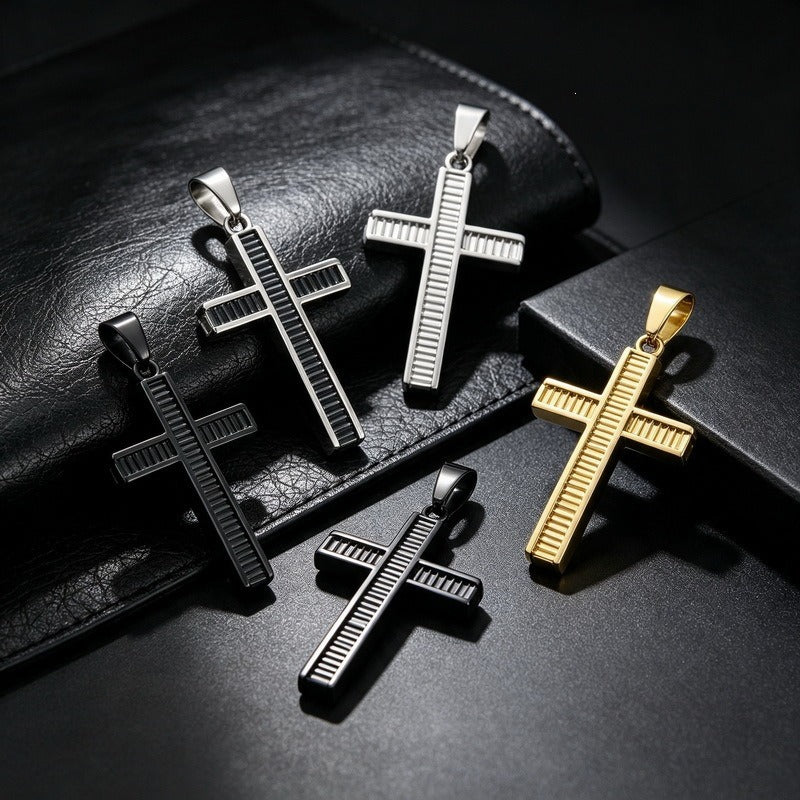 Kemstone Layered Cross Pendant Necklace for Men Stainless Steel Ribbed Design KP119486-HR