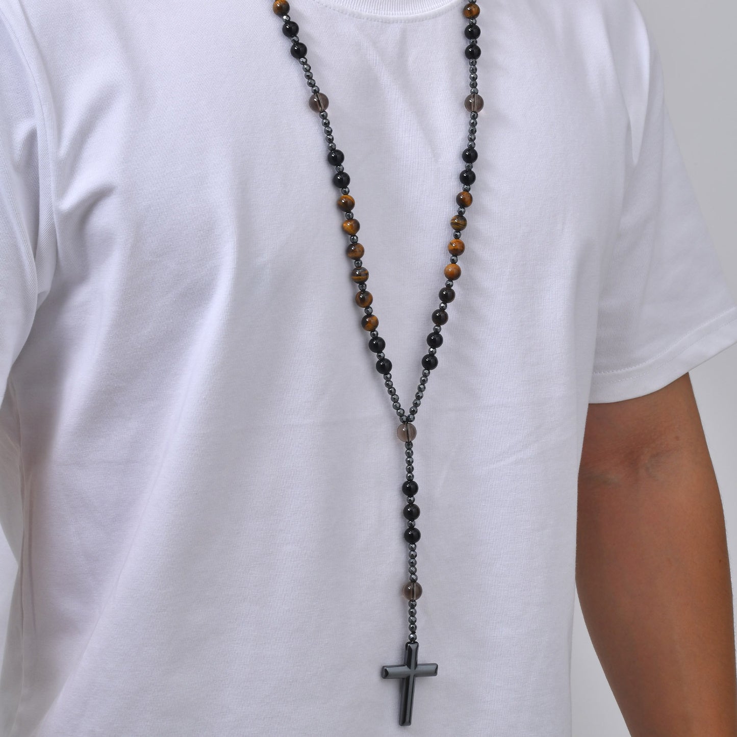 Kemstone Tiger Eye Beaded Cross Necklace for Men Lava Stone Stainless Steel Pendant NC-3017