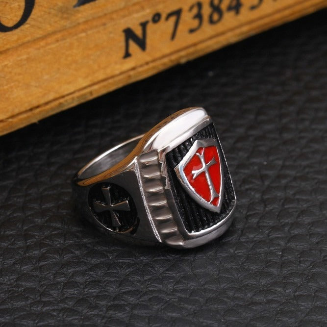 Kemstone Red Enamel Cross Ring for Men Stainless Steel Vintage TR0046