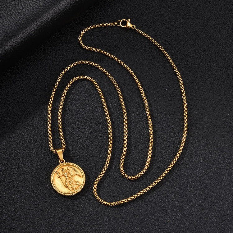 Kemston Winged Figure Medallion Necklace for Men Stainless Steel Gold Silver PN-2424