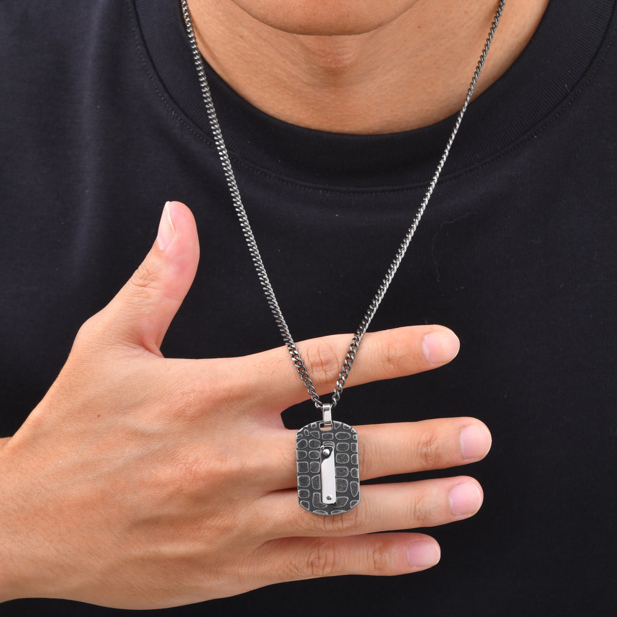 Kemston Textured Rectangular Pendant Necklace for Men Stainless Steel Polished Bar PN-2396GR