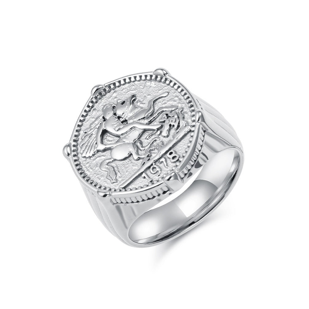 Kemstone Figure Relief Signet Ring for Men Stainless Steel Vintage Engraved K-R996
