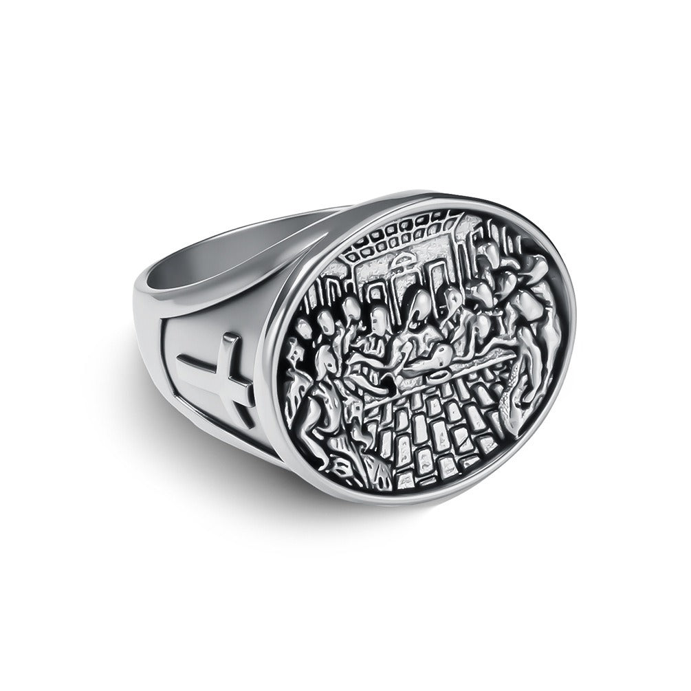Kemstone Stainless Steel Last Supper Ring for Men – Vintage Cross Symbol Band K-R1085