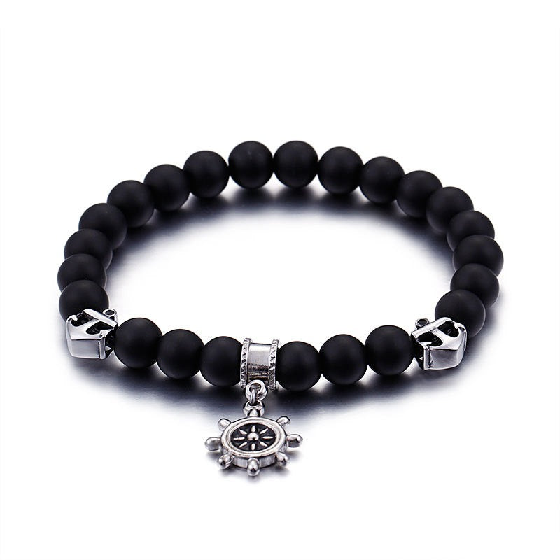 Kemstone Stainless Steel Ship Wheel Beaded Bracelet for Men, 8mm Matte Black Agate Nautical Helm Charm KB92957-BD