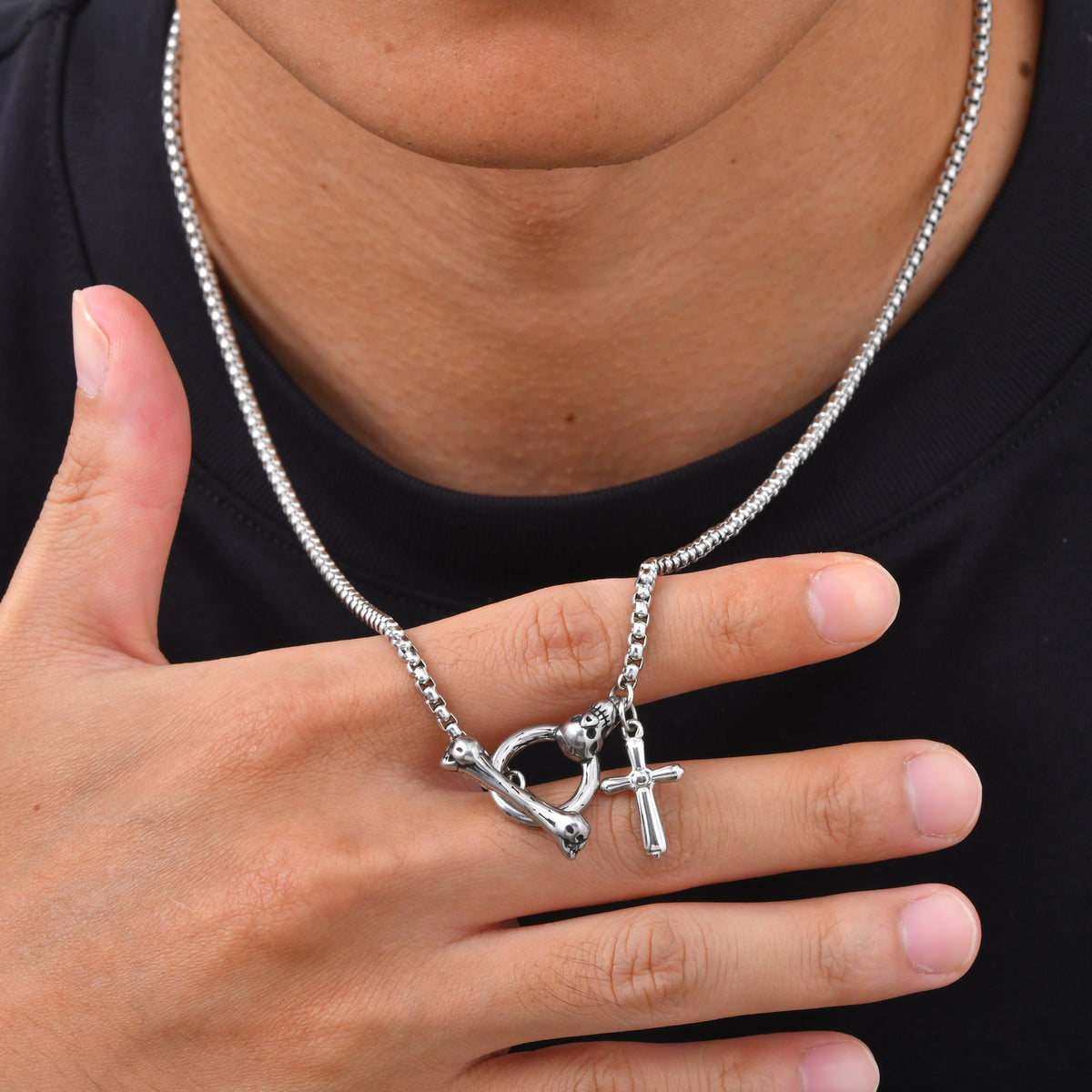 Kemstone Skull Cross Necklace for Men Stainless Steel Punk Silver NC-3215