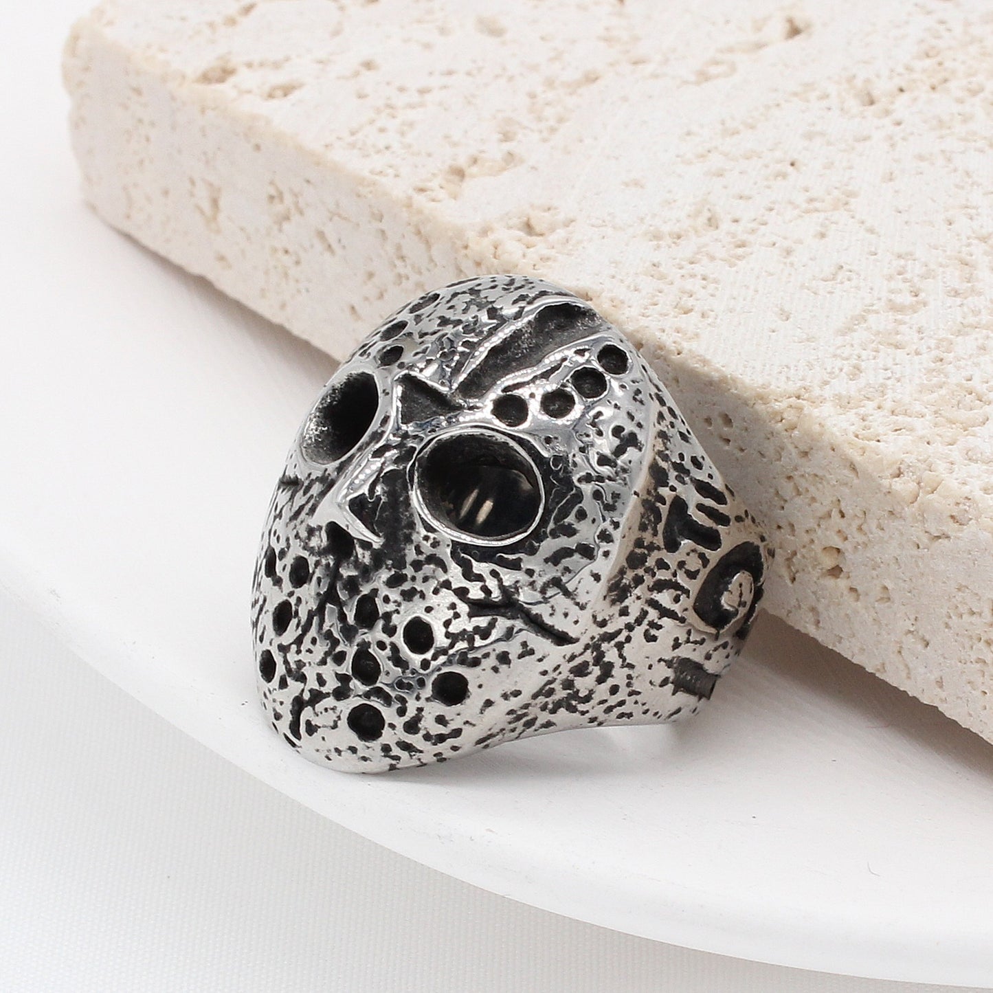 Kemstone Skull Mask Ring for Men Stainless Steel Sculpted Face Gothic Vintage R1073