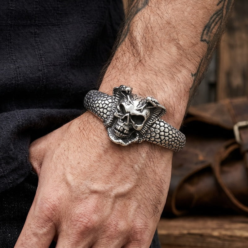 Kemstone Skull Bracelet for Men Stainless Steel Snake Cuff Vintage KB214355-LU