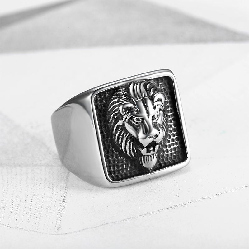 Kemstone Lion Head Signet Ring for Men Stainless Steel Square Relief Vintage TR0418