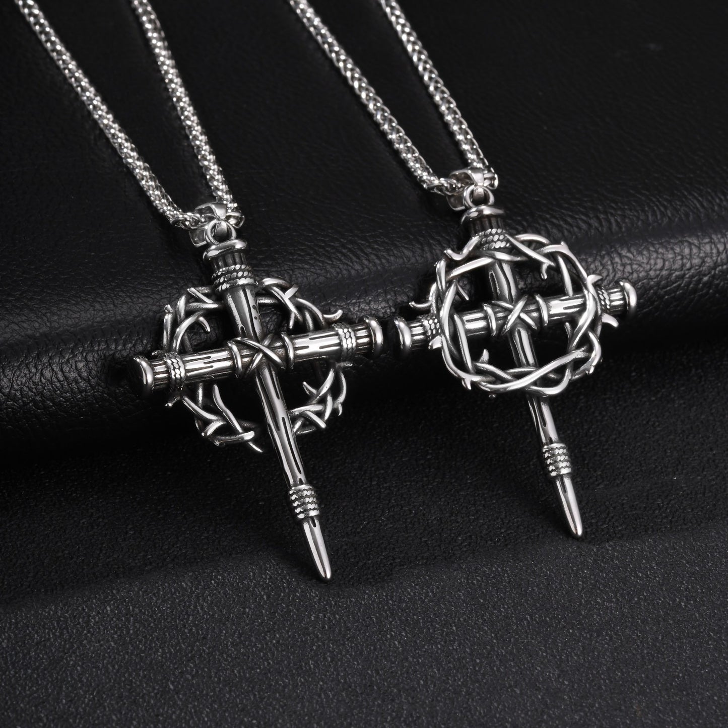 Kemston Thorn-Wrapped Gothic Cross Necklace for Men Stainless Steel Vintage Silver PN-2463S