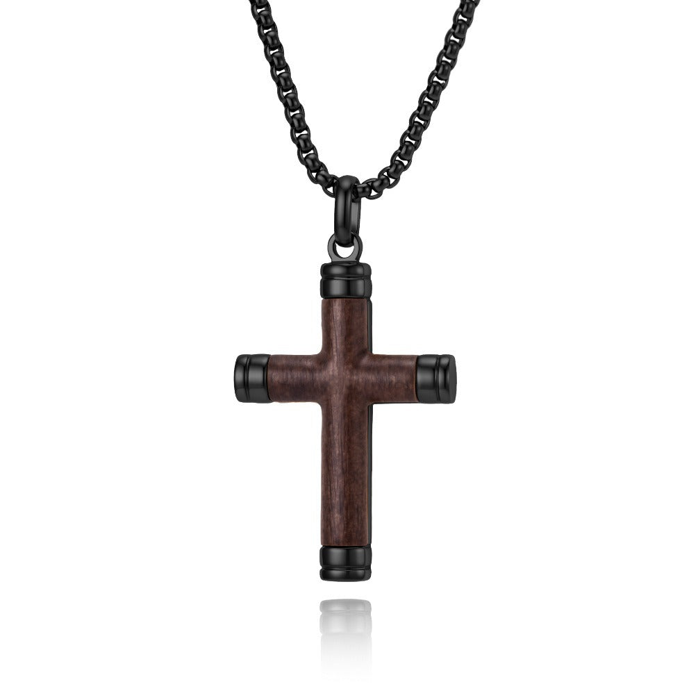 Kemstone Wood Inlay Cross Necklace for Men Stainless Steel Pendant K-PT737