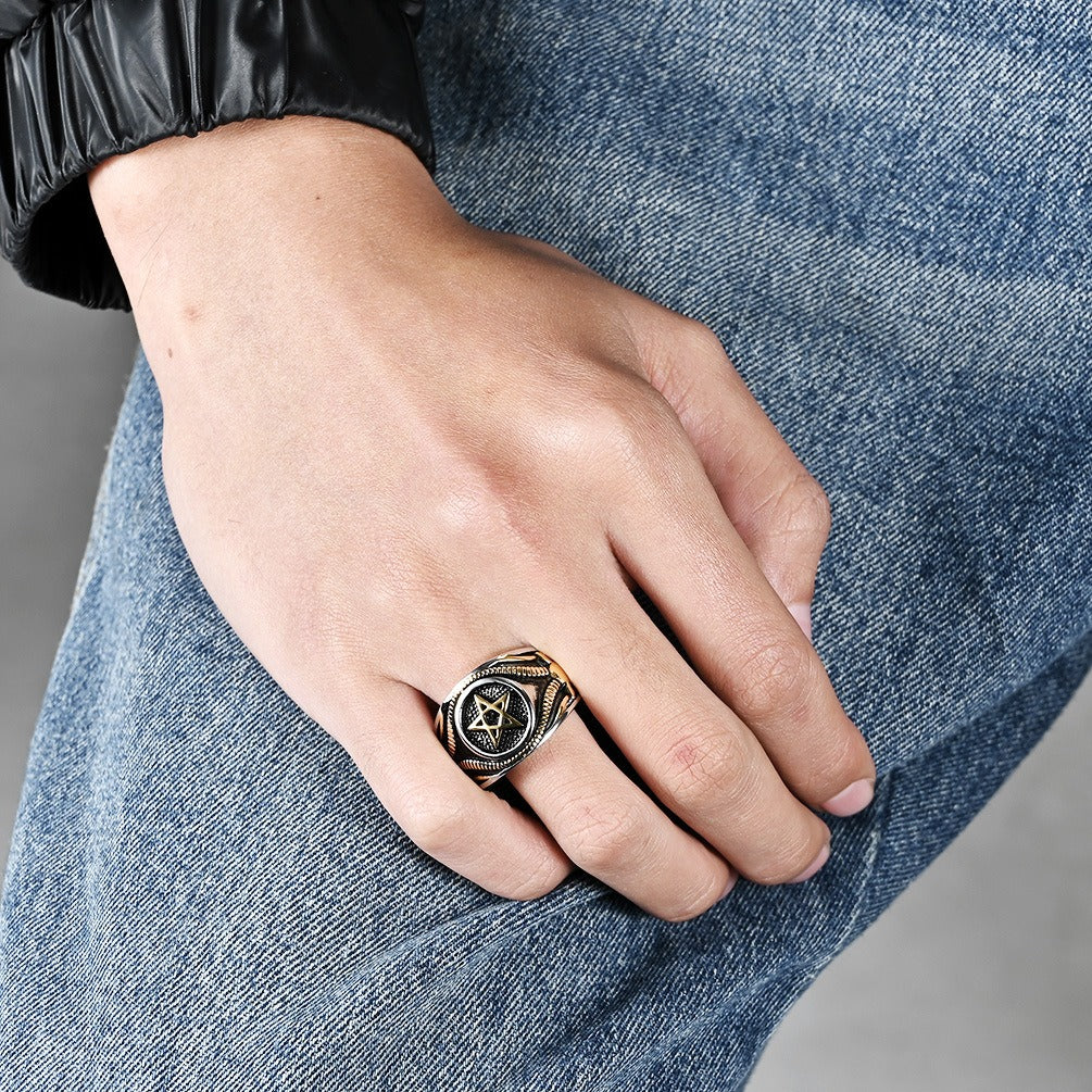 Kemstone Five Point Star Signet Ring for Men Stainless Steel Bold Dark Style K-R844