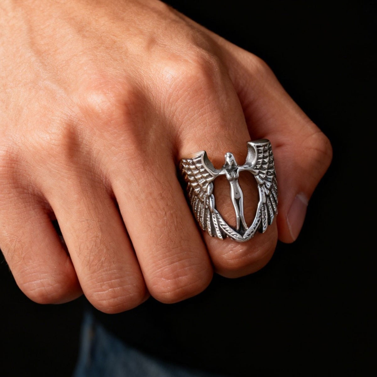 Kemstone Angel Wing Ring for Men Stainless Steel Vintage Relief TR0530