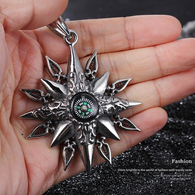 Kemstone Titanium Steel Men’s Sunburst Compass Pendant Necklace KP42987-BD