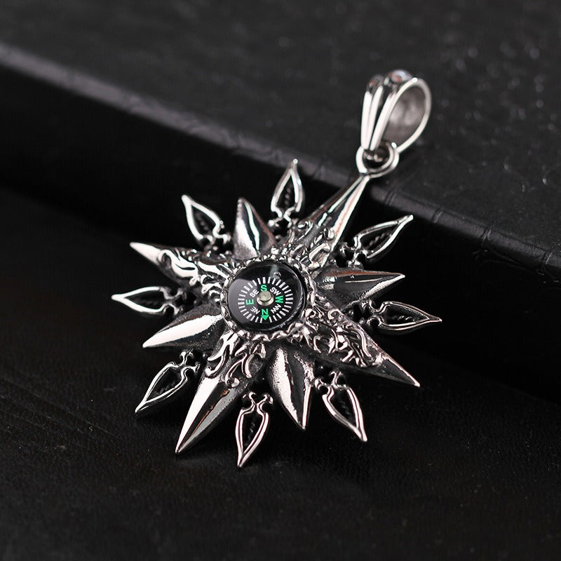 Kemstone Titanium Steel Men’s Sunburst Compass Pendant Necklace KP42987-BD
