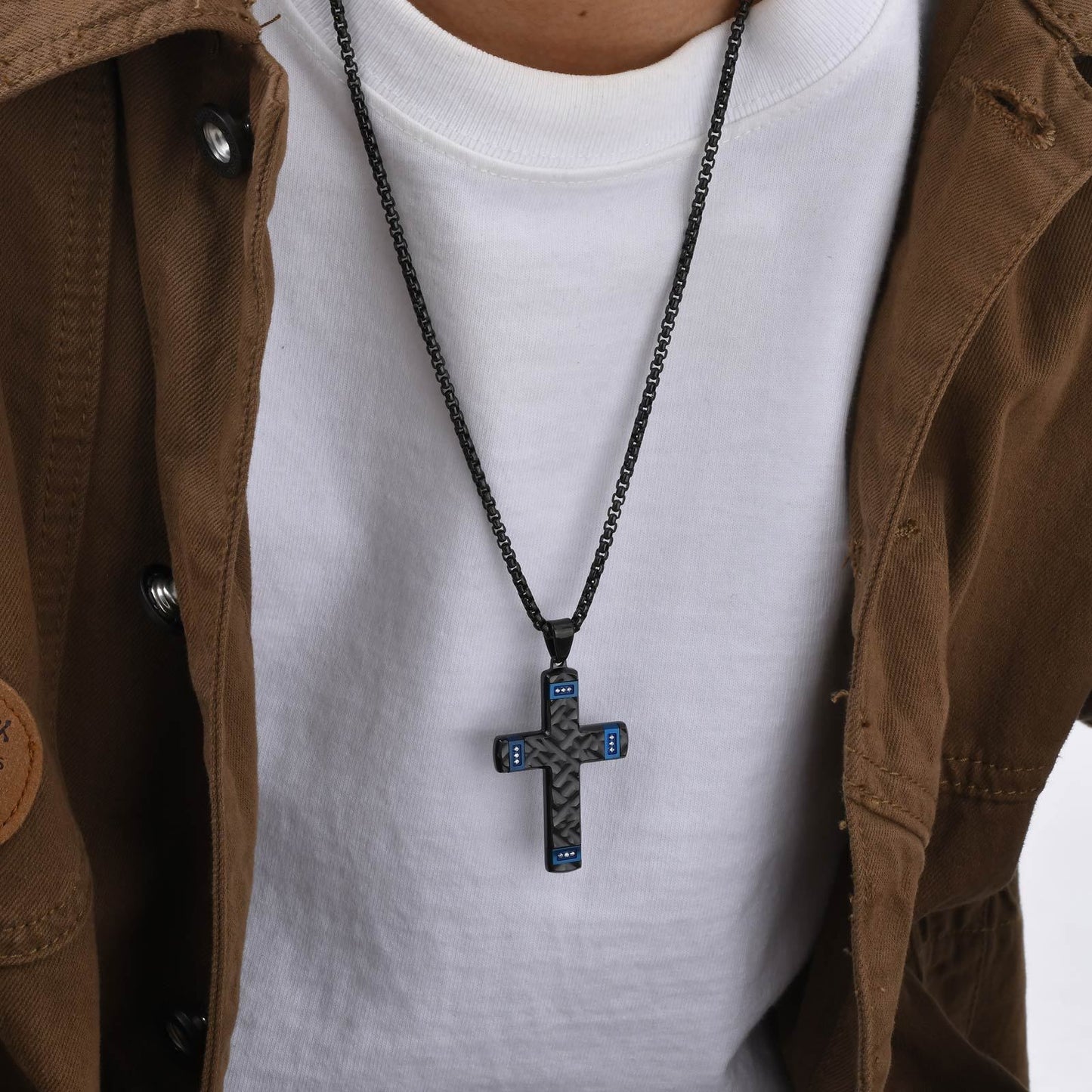 Kemstone Textured Cross Pendant Necklace for Men Stainless Steel Cubic Zirconia Accent PN-2104