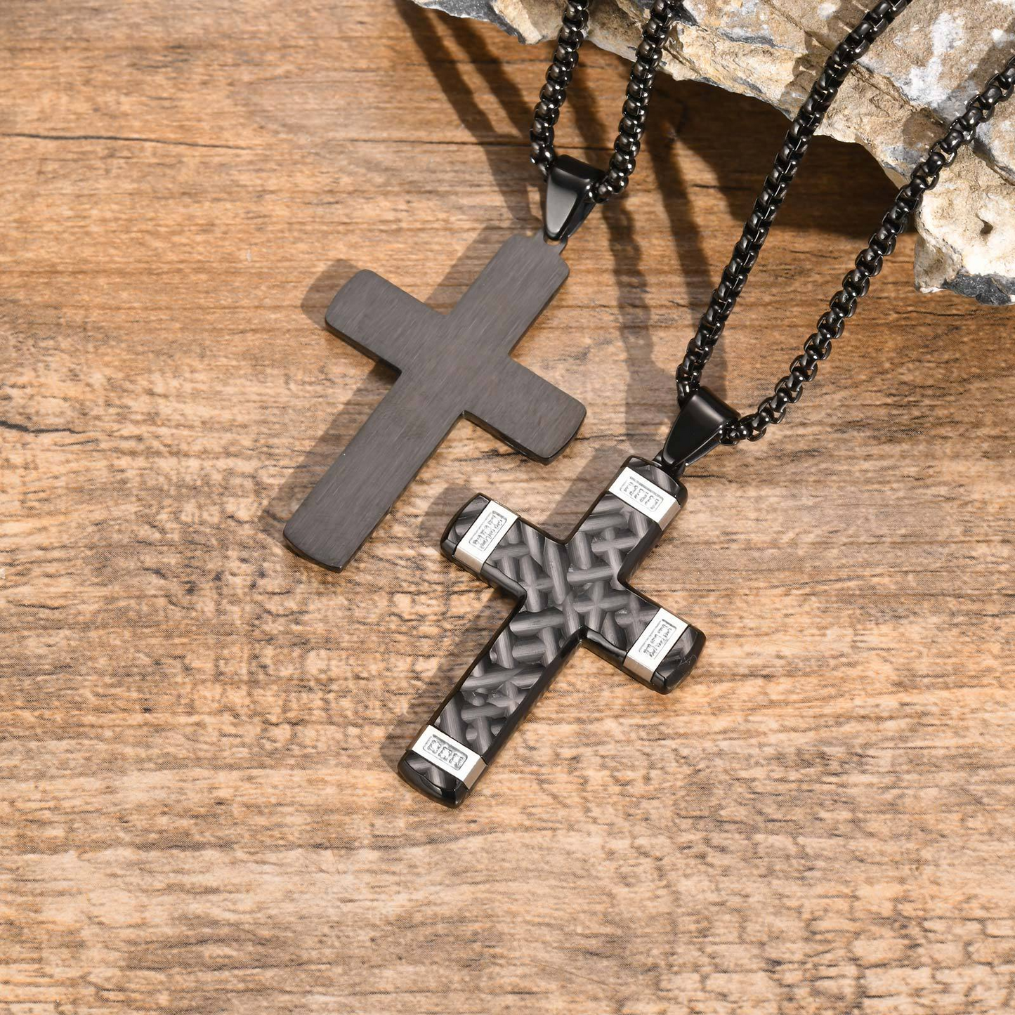 Kemstone Textured Cross Pendant Necklace for Men Stainless Steel Cubic Zirconia Accent PN-2104