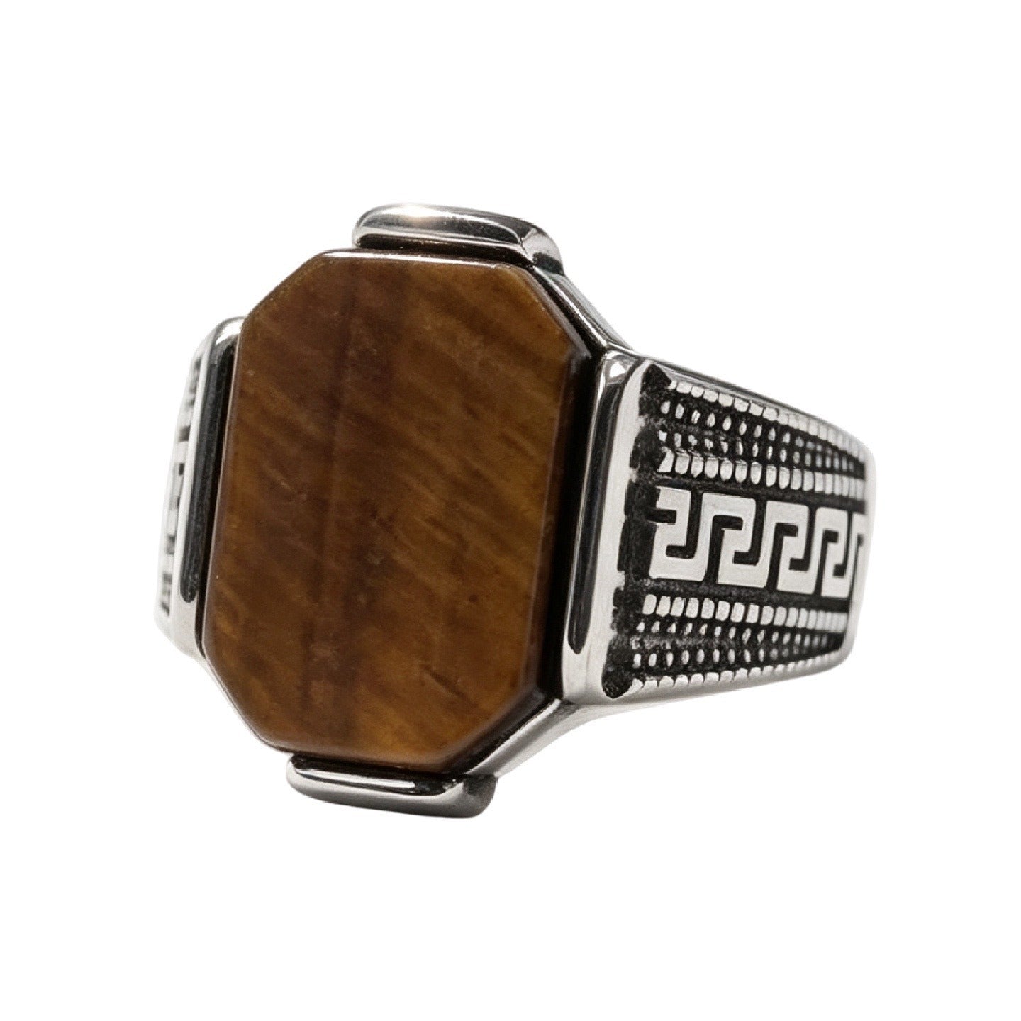 Kemston Square Tiger Eye Signet Ring for Men Titanium Steel Vintage Texture R7012