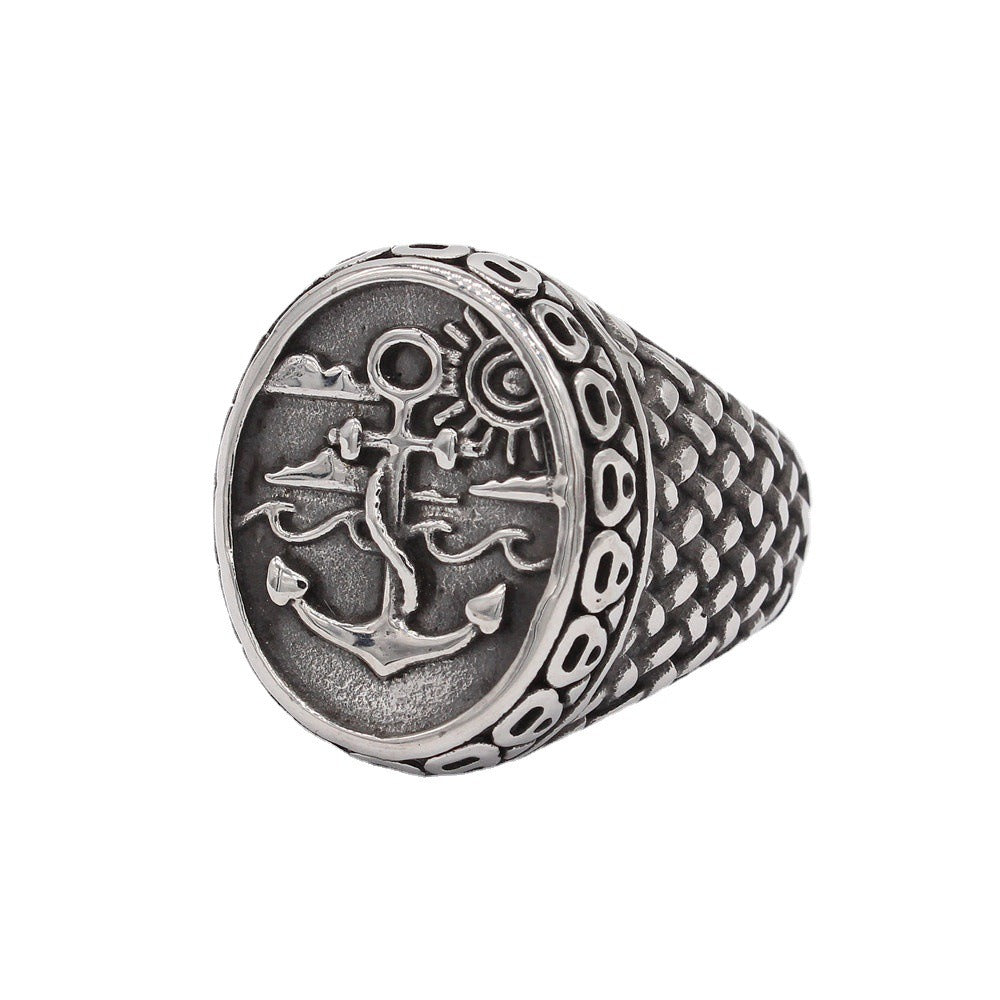 Kemstone Anchor Signet Ring for Men Titanium Steel Textured Sides R1283