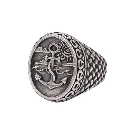 Kemstone Anchor Signet Ring for Men Titanium Steel Textured Sides R1283