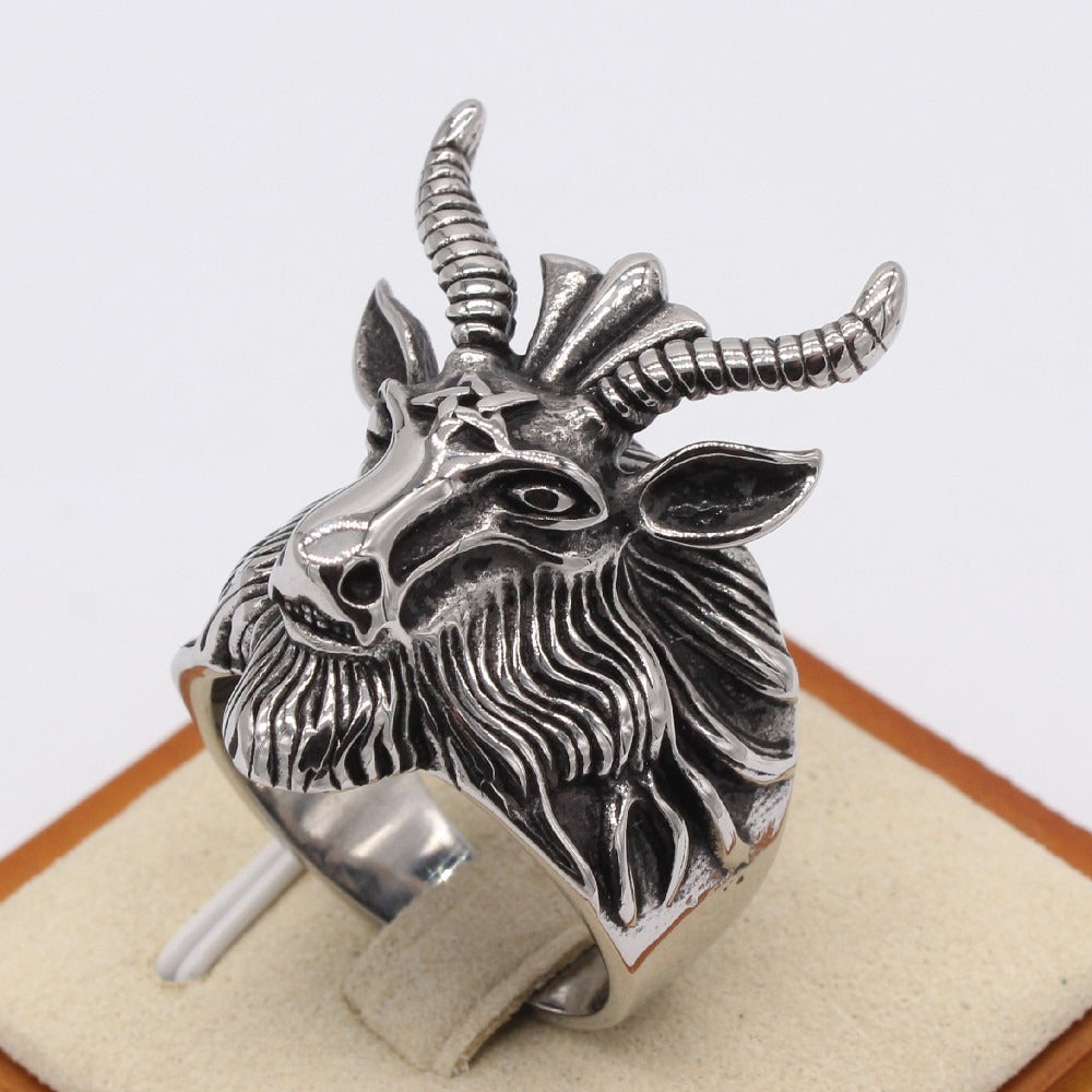 Kemstone Vintage Stag Head Ring for Men Titanium Steel Sculpted Deer Antler R1550