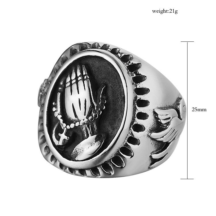 Kemstone Praying Hands Ring for Men Titanium Steel Dove Relief Vintage Oval R0297