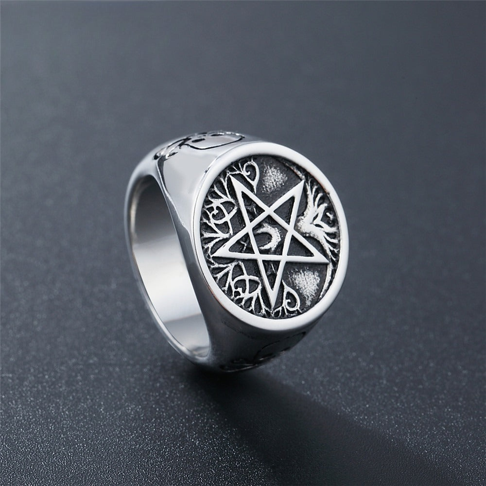 Kemstone Star Signet Ring for Men Titanium Steel Tree of Life Pattern Gothic Vintage R0484