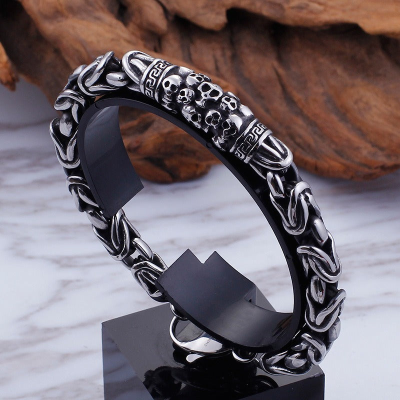 Kemstone Titanium Steel Engraved Skull Bracelet for Men Vintage Link Chain KB92431-BD