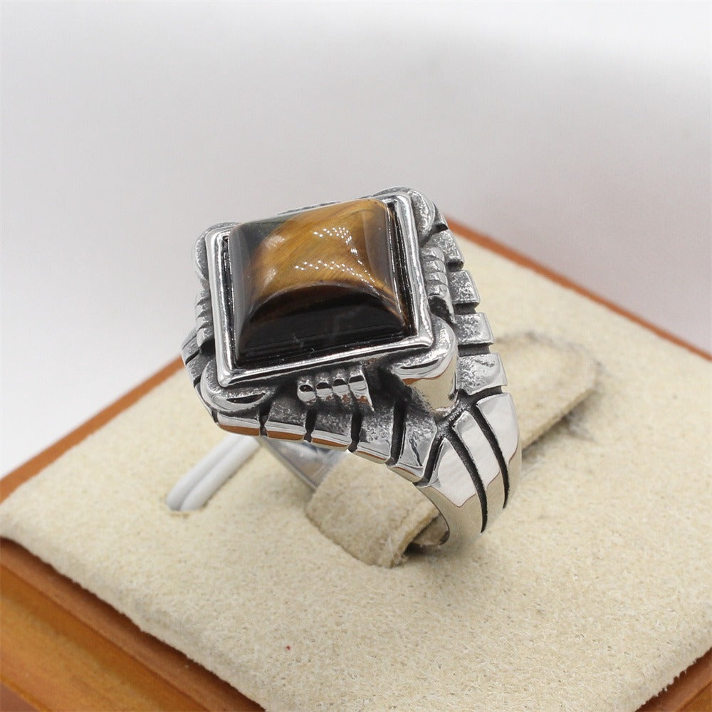 Kemstone Titanium Steel Square Stone Signet Ring for Men R1699