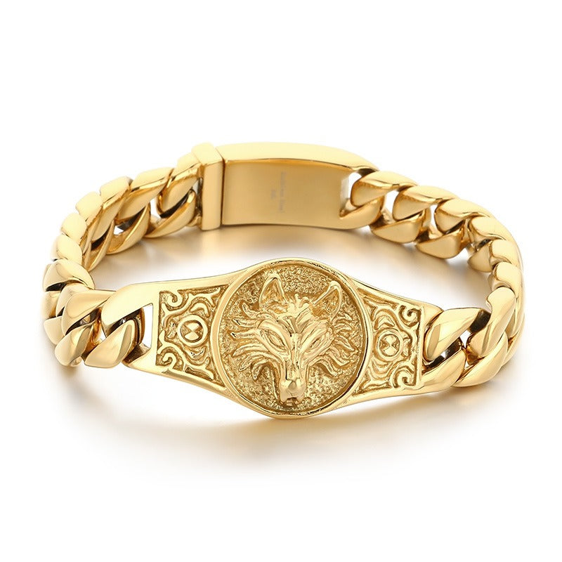 Kemstone Men’s Wolf Head Bracelet – Titanium Steel Cuban Chain 220mm KB205184-KJX