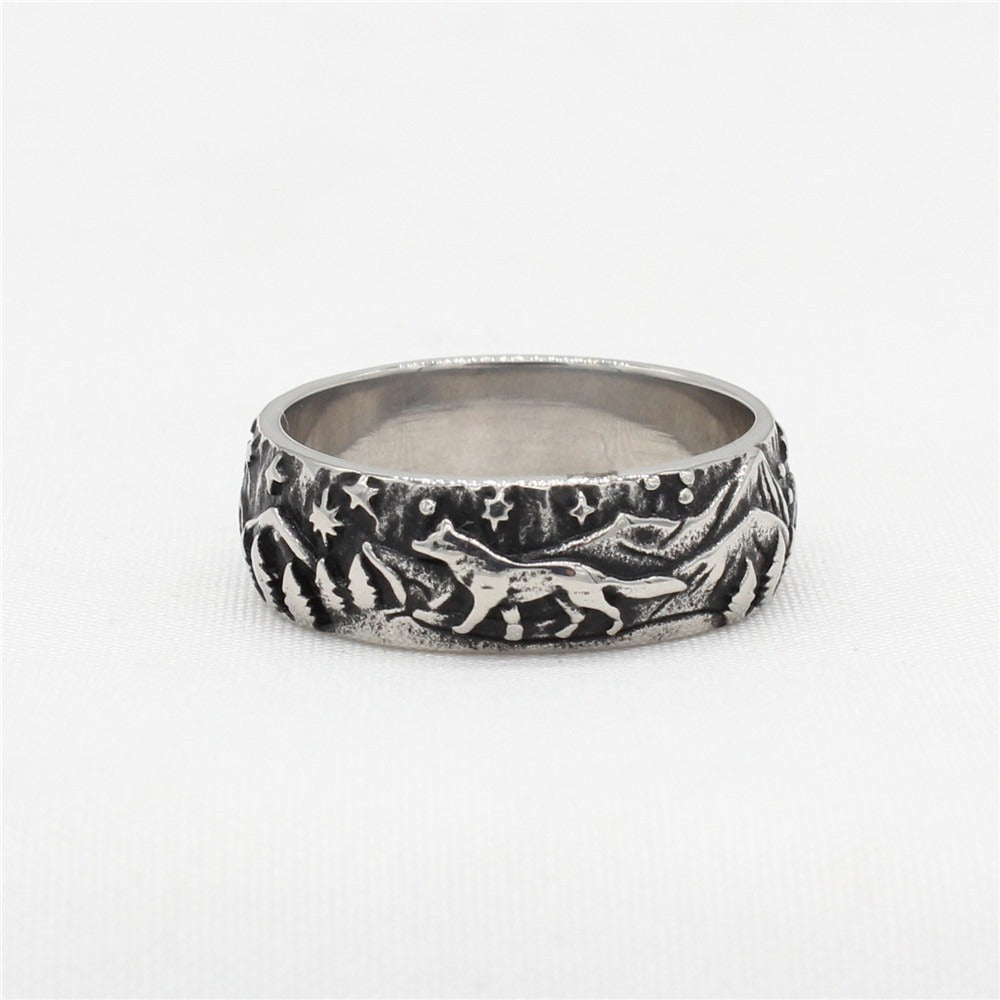 Kemstone Engraved Wolf Ring for Men Titanium Steel Mountain Forest R1679