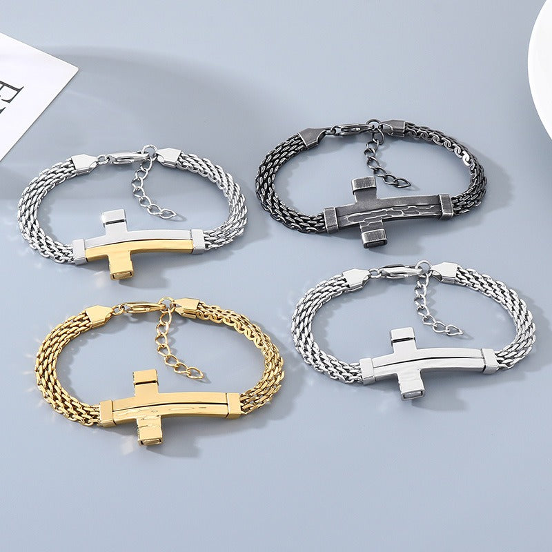 Kemstone Woven Chain Cross Bracelet for Men Titanium Steel KB213351-KFC