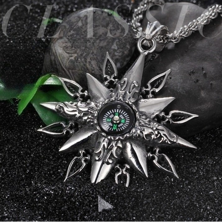 Kemstone Titanium Steel Men’s Sunburst Compass Pendant Necklace KP42987-BD