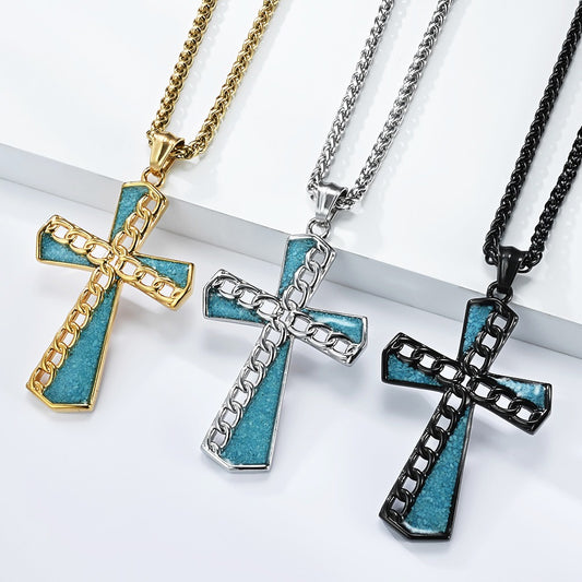 Kemstone Turquoise Inlay Stainless Steel Chain Cross Pendant Necklace for Men K-PT700