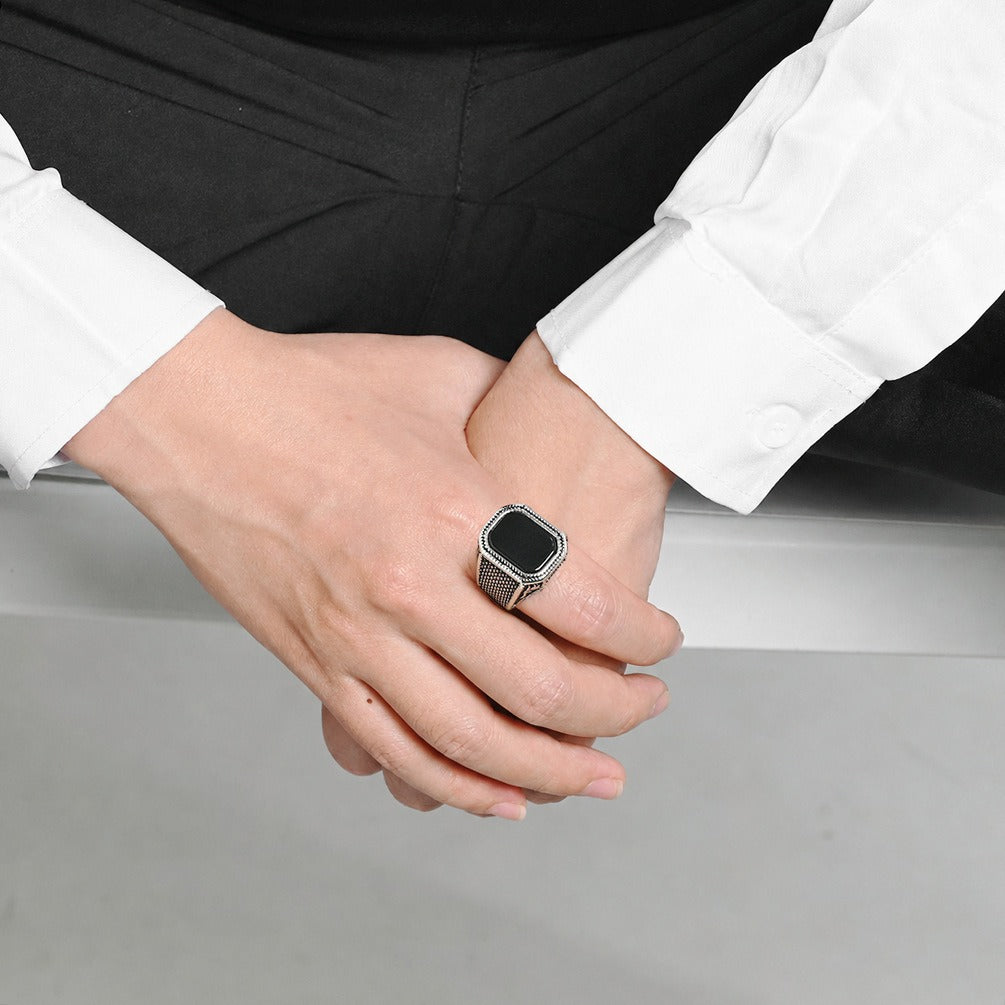 Kemstone Black Stone Signet Ring for Men Stainless Steel Textured Wide Band Vintage K-R1210