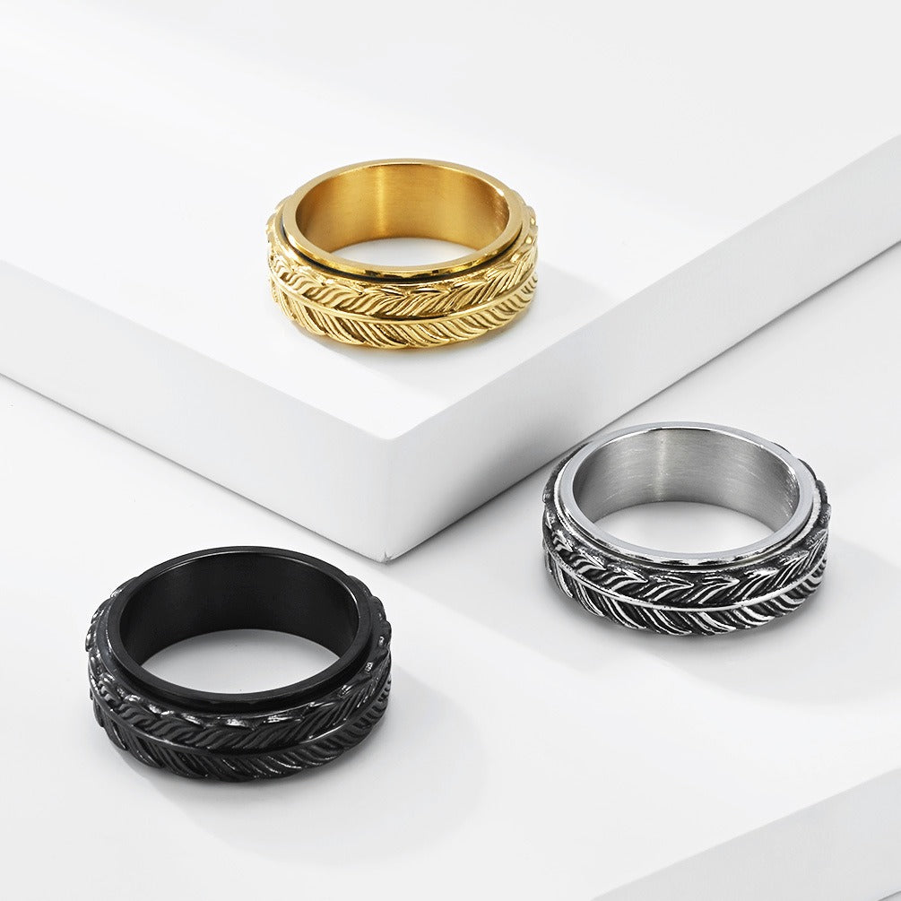 Kemston Feather Spinner Ring for Men Stainless Steel Rotating Vintage Band K-R1196