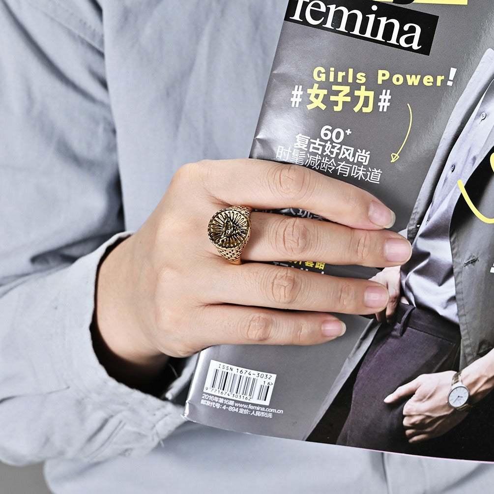 Kemstone Stainless Steel Triangle Eye Signet Ring for Men Vintage Textured K-R852