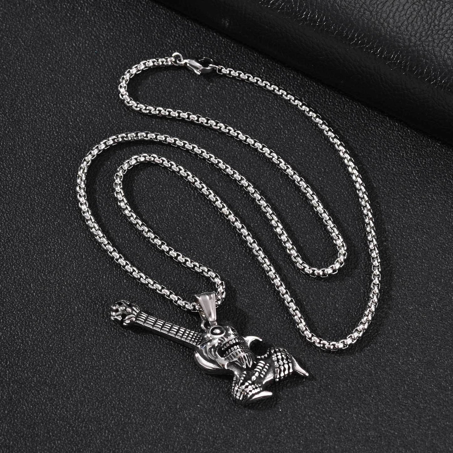 Kemston Skull Guitar Pendant Necklace for Men Stainless Steel Rock Style PN-2461