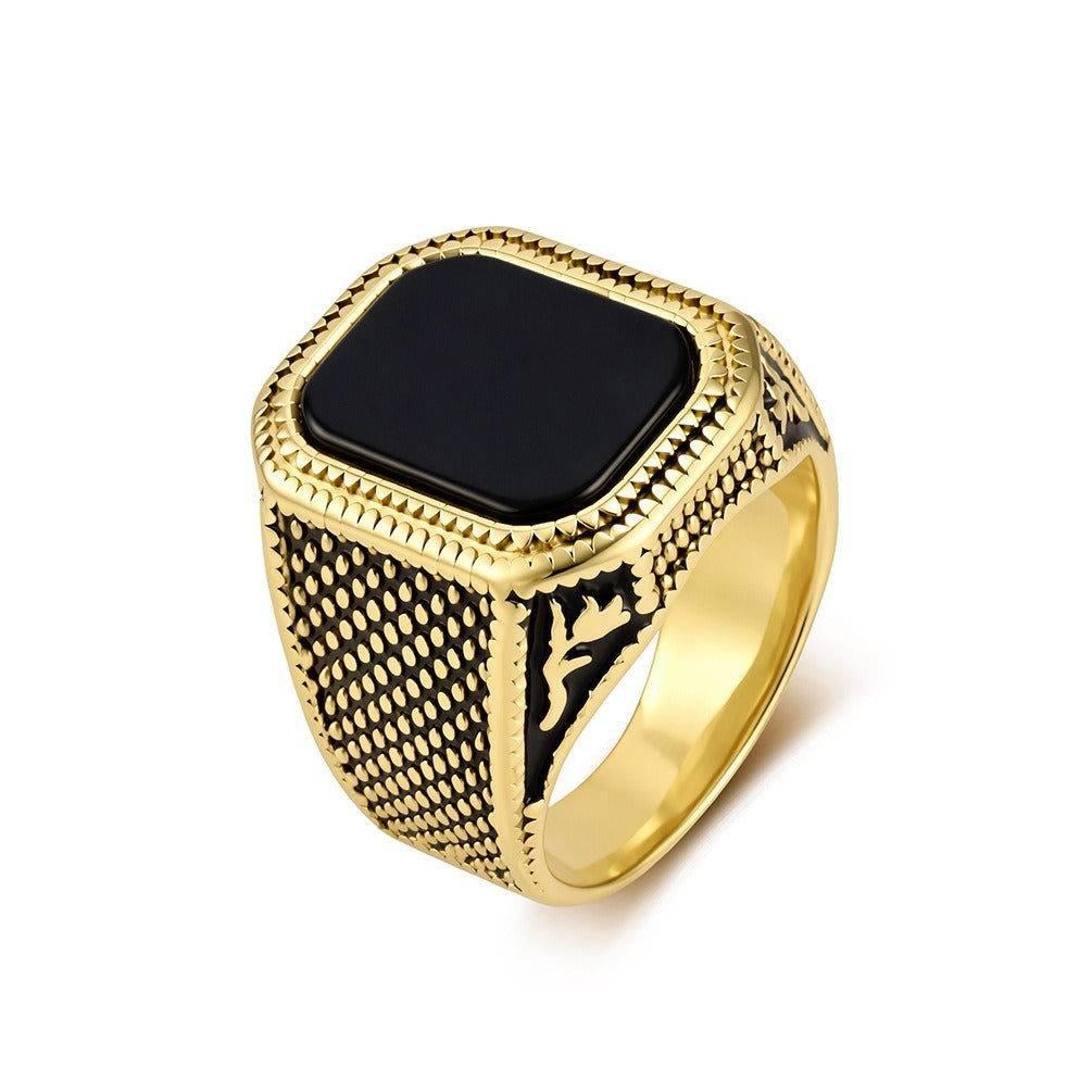Kemstone Black Stone Signet Ring for Men Stainless Steel Textured Wide Band Vintage K-R1210