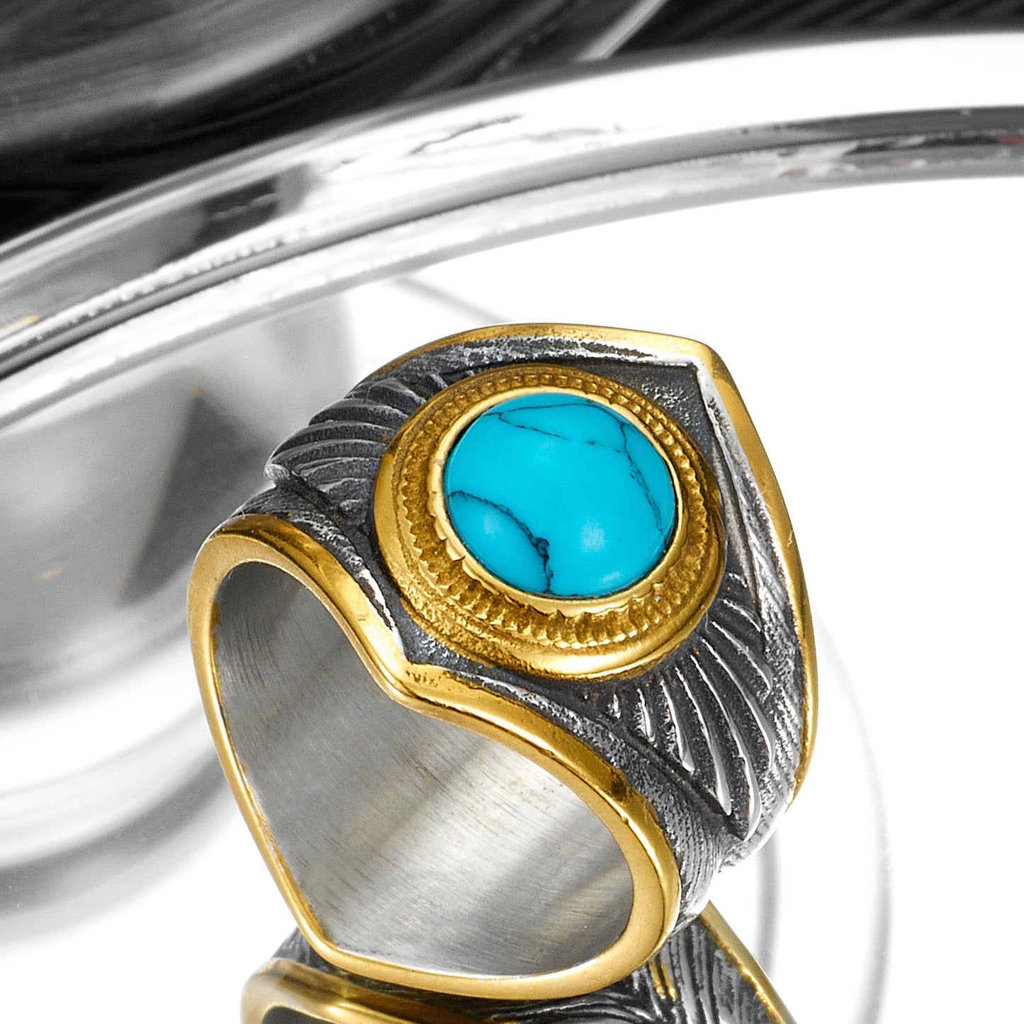 Kemston Turquoise Ring for Men Titanium Steel Feather Texture Vintage Stone R1530