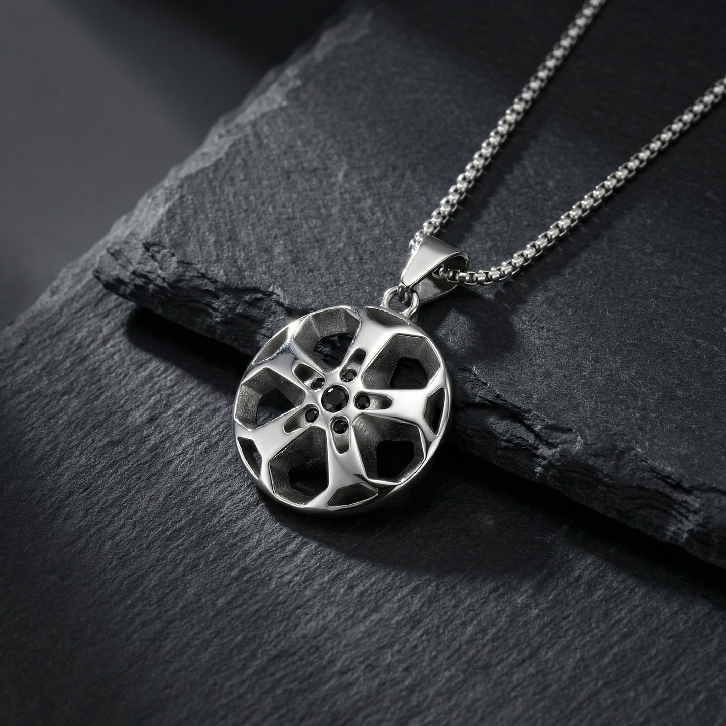 Kemstone Stainless Steel Wheel Rim Pendant Necklace for Men Silver PN-2269