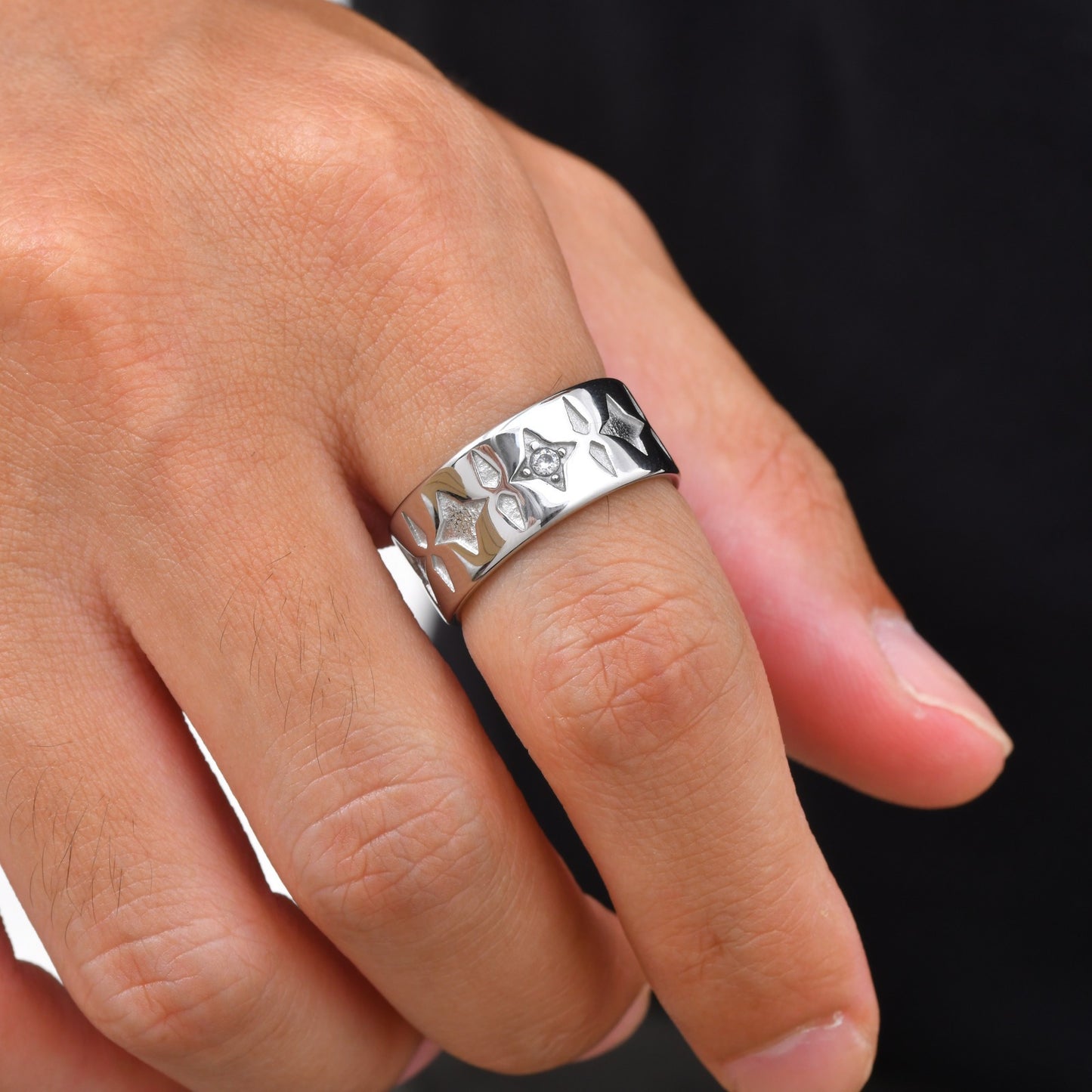 Kemstone Four Point Star Ring for Men Stainless Steel White Cubic Zirconia Wide Band RC-1117